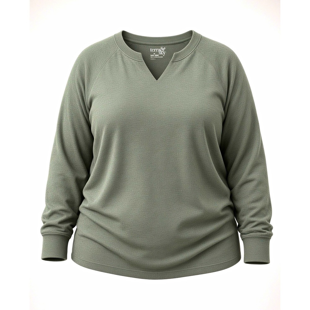 Terra & Sky Sage Green Soft Knit Long Sleeve Top Size 2X (20W-22W) Split Neck